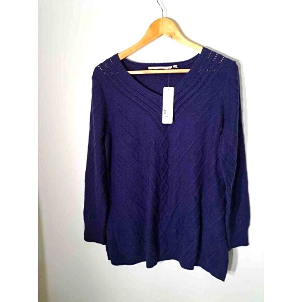 Soft surroundings women's medium fine wool cable sweater v-neck blue
